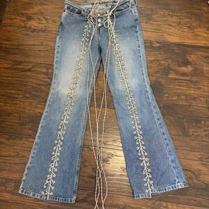 Vintage Y2K Express size 7/8 Reworked Upcycled Tie Front Rainbow Lace Flare Jean